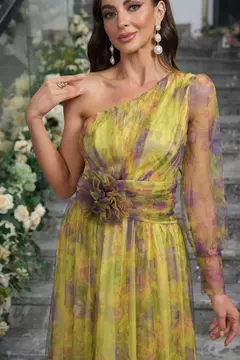 Vestido de noite tie-dye de um ombro feminino, vestido de baile formal, mangas de bolha de malha, bainha dividida, elegante