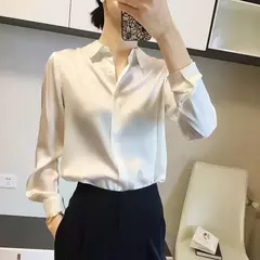 Camisas e blusas femininas com acabamento acetinado, blusa casual, manga comprida, botão, camisas elegantes, roupa francesa, monocromáticas, todos os fósforos, OL na internet