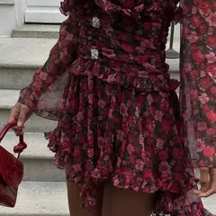 Mini vestido de babados estampado para mulheres, gola V elegante, mangas compridas, vestidos curtos finos, streetwear feminino, moda verão, 2024 - comprar online