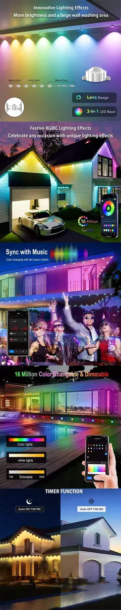 Luzes externas permanentes inteligentes rgbic beirais led bluetooth luz diy à prova d' água sincronização de música temporizador cordas festa natal feriado - Wolf Magazine
