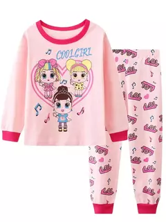 Desenhos animados unicórnio impressão algodão pijama conjuntos para meninas, gola casual, rosa, 2pcs - comprar online