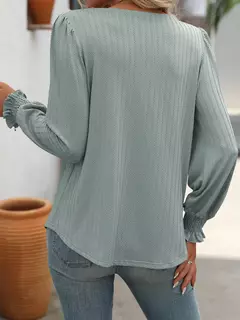 Camiseta feminina casual de manga comprida com gola quadrada, mangas folhada, design plissado, tops de pulôver, camisetas na moda - loja online
