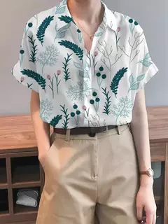Imagem do Camisa feminina colorida em 3D com estampa floral, tops de manga curta, botão, gola elegante, primavera e outono, 2024