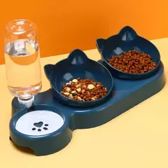 Alimentador triplo para animais de estimação, tigelas duplas 2 em 1 com garrafa automática, design inclinado e giratório para gatos e cães - loja online