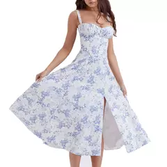 Vestido de verão estampado floral, Laço frontal feminino, Gola quadrada, Vestido de coxa dividido, Cinta de praia, Vestido de noite, Novo