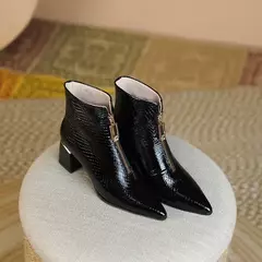 LeShion da Chanmeb-Botas femininas de couro genuíno, crocodilo verde, zíper frontal, dedo pontudo, bota curta para senhora, tamanho 33-40, novo