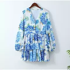 Elegante Flor Estampada Babados Mini Vestido, Em Camadas, Decote V, Sopro de Manga Comprida, Vestidos Linha A, Vestido de Festa, Moda Chique, Senhora - comprar online