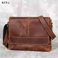 NZPJ-Bolsa de ombro de couro marrom para homens, bolsa mensageiro de couro, camada superior retro, cavalo louco artesanal, arquivo A4, novo - comprar online