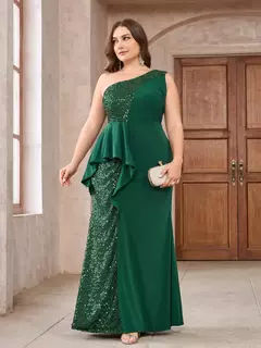 Elegante um ombro vestido sem mangas, lantejoulas, verde, até o chão, festa de casamento, coquetel, noite, vestido de baile, plus size - comprar online