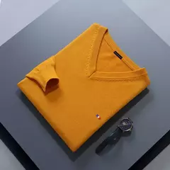 Camisola de cashmere manga comprida masculina com decote em v, pulôveres masculinos padrão, saltadores de tricô, roupas monocromáticas, venda quente - comprar online