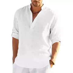 Camiseta de linho manga comprida masculina, monocromática, solta, casual, respirável, camisas de algodão, streetwear leve, designer, nova - loja online