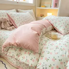 Conjunto de cama infantil com 3 peças, colcha rosa, capa de edredão floral vegetal, padrão de gato, desenhos animados fofos, conjunto de cama para meninas, decoração do quarto