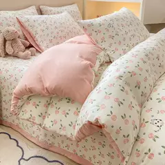 Imagem do Conjunto de cama infantil com 3 peças, colcha rosa, capa de edredão floral vegetal, padrão de gato, desenhos animados fofos, conjunto de cama para meninas, decoração do quarto