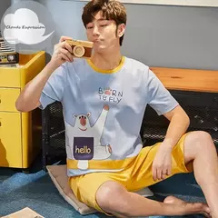 Conjunto pijama masculino de malha de algodão, conjunto de pijamas manga curta, terno letra, Homewear masculino, tamanho XL a XXL, verão - loja online