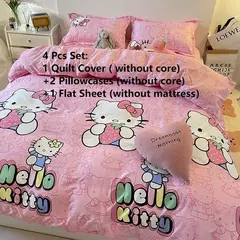 Olá Kitty Queen Size Conjunto de cama, colcha, folha plana e fronhas, Pink Princess Dorm Suit, desenhos animados bonitos, 4 pcs por conjunto - Wolf Magazine