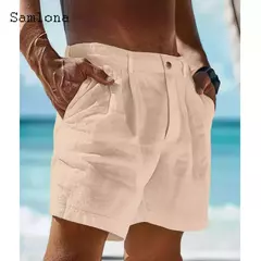 Calção de bolso de carrinho vintage masculino, linho algodão, estilo europeu, calça curta casual para praia, branco sólido, botão cáqui, calça voador, 2022