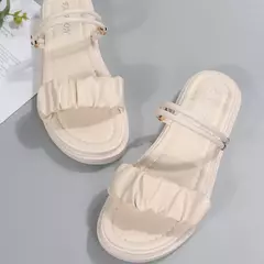 Sandálias Slingback plissadas de design para mulheres, bege, detalhe ruched, dedo do pé aberto, flatform, sapatos diários