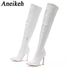 Aneikeh-sexy sobre as botas do joelho com zíper lateral para as mulheres, dedo apontado sapatos, saltos finos listrados, nova moda, primavera, 24 na internet