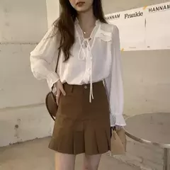 Xpqbb-Blusa de chiffon com decote em V para mulheres, camisas soltas com renda, manga comprida, babados, streetwear feminino, roupas coreanas, primavera e outono, 2024 - loja online