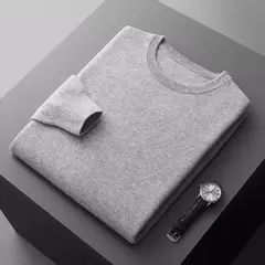 Pulôver masculino de malha com mangas compridas, suéter 100% lã merino, top casual básico de cor sólida, moda