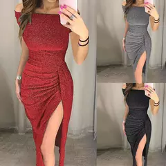 Vestido Slim Bodycon Off-Ombro feminino, Purpurina, Monocromático, Elegante, Sexy, Brilhante, Gola de corte, Longo, Festa à noite, Outono - comprar online