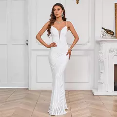 Vestido Maxi Lantejoula Branco Feminino, Vestido Sexy Strap, Vestido de festa longo