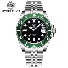 STEELDIVE-Relógio Automático Masculino, Relógios de Mergulho, Moldura Cerâmica Verde, Vidro Sapphire, Mostrador Preto, 300m Impermeável, SD1953