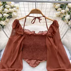 SINGREINY-Blusa Chiffon de Manga Flare para Mulheres, Tops Ruffle, Cintura Elástica Sólida, Halter Backless, Slim Ladies, Harajuku Sexy Blusa Curta - Wolf Magazine