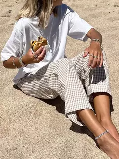 Calça xadrez casual feminina com cordão, cintura alta, calça reta, roupa diária, amiga da pele, moda verão, nova, venda quente - comprar online