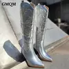 Gmqm nova moda feminina bordado ocidental sapatos de cowboy na altura do joelho botas de salto alto plutônio chunky plataforma botas apontadas dedo do pé estilo punk