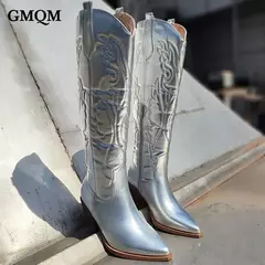 Gmqm nova moda feminina bordado ocidental sapatos de cowboy na altura do joelho botas de salto alto plutônio chunky plataforma botas apontadas dedo do pé estilo punk