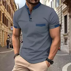 Camisa polo esportiva casual masculina, monocromática, com gola alta, tecido diagonal, camisa de Henry, verão, 2024 - comprar online