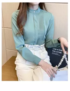 Primavera verão moda cor sólida camisa feminina de manga longa comutando irregular botão chiffon topo feminino camisa branca das mulheres c028 - Wolf Magazine