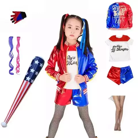Meninas harley esquadrão monstro camisa quinn traje impresso jaqueta calças luvas suicídio quinn cosplay traje de halloween