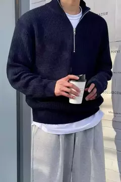 Pulôver de zíper com gola meia alta masculino, suéter de malha, jaqueta solta, roupa que combina com tudo, nova moda, primavera, outono, 2023 na internet
