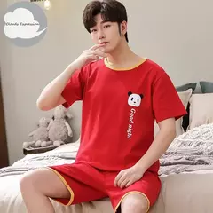 Conjunto pijama masculino de malha de algodão, conjunto de pijamas manga curta, terno letra, Homewear masculino, tamanho XL a XXL, verão - loja online