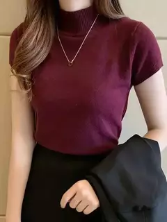 Camiseta feminina com gola meia-alta, blusa casual, estilo coreano, elegante, roupa de cor sólida, primavera e verão, moda - loja online