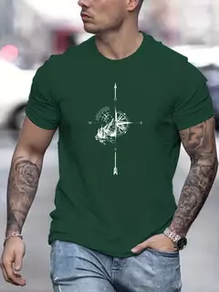 Camiseta casual de manga curta masculina 100% algodão, estampada com bússola de montanha, gola redonda, blusa solta, verão na internet