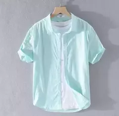 Imagem do Camisa de linho de algodão manga curta masculina, cor sólida, simples, blusas casuais, tops finos respiráveis básicos, alta qualidade, moda verão