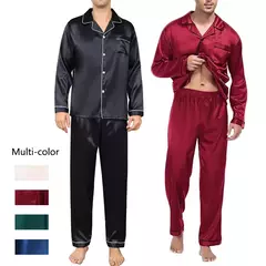 Conjunto de pijama com cardigã de manga comprida masculino, monocromático, lapela, casual, roupa de casa simples, pijamas, plus size, juventude, outono, inverno, 2 peças, conjunto