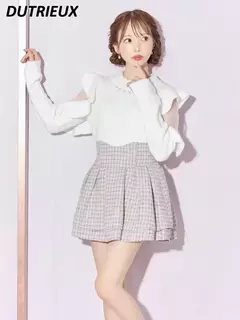 Imagem do Saias Plissadas Japonesas Lolita Plissadas para Mulheres, Saia Xadrez, Cintura Alta Elástica, Mini Culottes Emagrecedores, Novo, Primavera, 2022