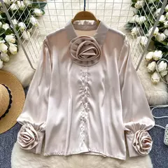 Elegante cetim tridimensional flor manga longa lapela blusa chique vintage moda colheita topo feminino camisas de outono roupas