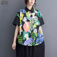 Estilo coreano blusa de manga curta para as mulheres, camisa estampada preta, ajuste solto, casual, tamanho grande, verão, jxs097