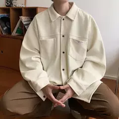 Jaqueta masculina casual de veludo, camisa manga longa, streetwear solta com bolsos, botão pesado para baixo, outono