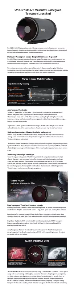 Svbony MK127 Maksutov Cassegrain Telescópio OTA 127mm f/11.8 Design portátil de aderência para observação de nebulosa planetária lunar