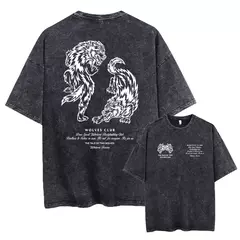 Lobos escuros Vintage lavados camisetas para homens, musculação em ginástica, roupas masculinas extragrandes, fitness no verão, treino - loja online