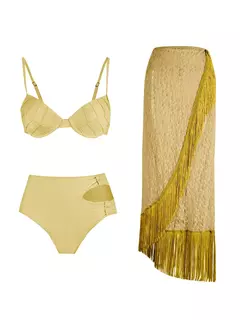 Imagem do Conjunto de biquíni de três peças, sutiã acolchoado, borla, saia de praia de cintura alta, maiô de verão, moda sexy, monocromático