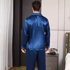 Conjunto de pijama com cardigã de manga comprida masculino, monocromático, lapela, casual, roupa de casa simples, pijamas, plus size, juventude, outono, inverno, 2 peças, conjunto na internet