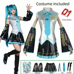 Miku cosplay conjunto completo de tecido de couro prata terno miku cosplay headwear traje roupa jk vestido de marinheiro uniforme do ensino médio santificar - loja online