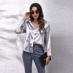 Imagem do Blusa feminina de cetim manga longa, camisa cetim, tops de seda, vestuário europeu e americano, novo